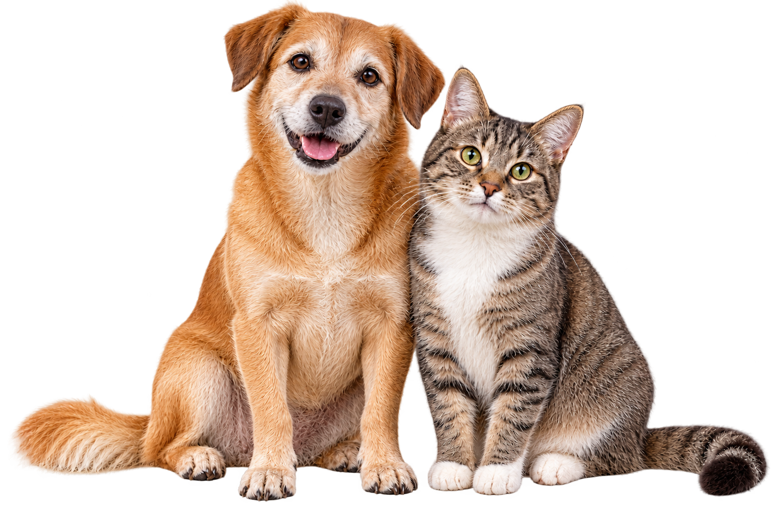 Cão caramelo e gato tigrado juntos